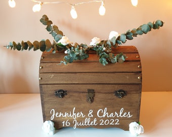 Urne coffre, mariage champêtre, décor rose bois et feuillage, personnalisée