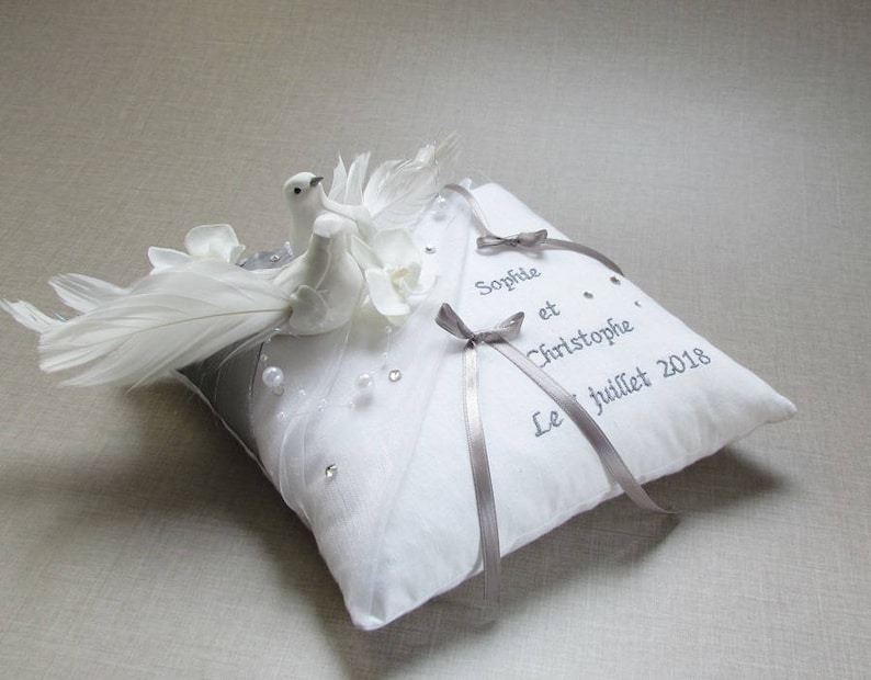 romantic cushion Whoopsidaisies creation Wedding ring bearer birds doves gray white accessory custom