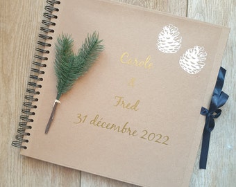 Mountain, winter, forest theme guest book, square kraft, personalized, winter theme wedding, Baptism, Birthday, Saperlipopette Creation