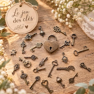 Peut inclure: Un ensemble de clés en métal couleur bronze antique et un cadenas en forme de cœur disposés sur une surface en bois. Une étiquette ronde en bois avec le texte Le jeu des clés et une petite icône de cœur accompagne ces clés décoratives.