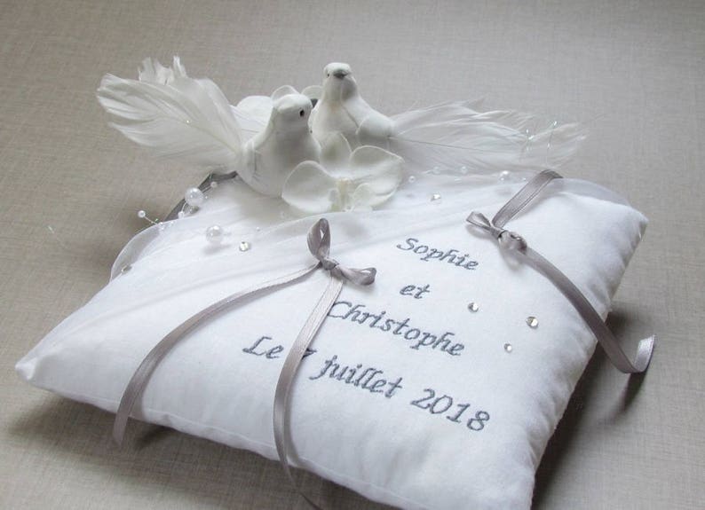 romantic cushion Whoopsidaisies creation Wedding ring bearer birds doves gray white accessory custom