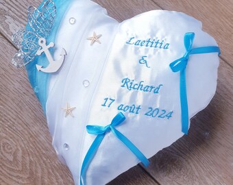 Coussin alliances cœur, décor mariage thème mer turquoise, cadeau fiançailles personnalisé, Saperlipopette Création