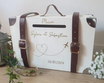 White suitcase-shaped ballot box, large personalized envelope box, vintage travel-themed wedding, antique suitcase