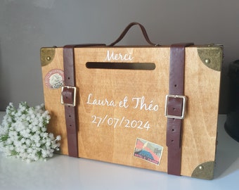 Grande Urne valise bois personnalisée, mariage thème voyage vintage, Saperlipopette Création