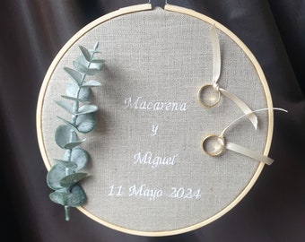Porte alliances décor eucalyptus, mariage couleur sauge personnalisé, Saperlipopette Créations