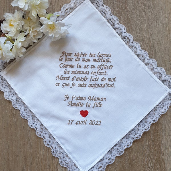 Mouchoir dentelle blanc, femme brodé, mariage, cadeau témoin, maman mariée, invité, personnalisé, Saperlipopette Créations