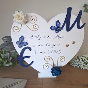 Urna grande em formato de coração azul royal e dourado, casamento, aniversário, personalizada Saperlipopette Création