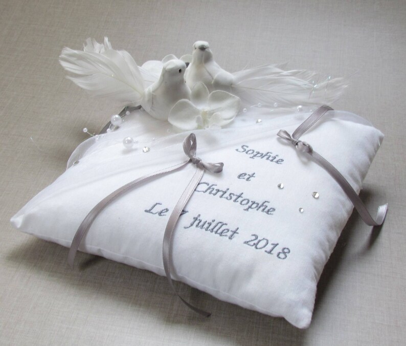 romantic cushion Whoopsidaisies creation Wedding ring bearer birds doves gray white accessory custom