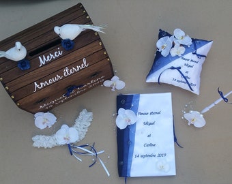 Conjunto de ceremonia nupcial azul marino y blanco, tema orquídeas y perlas, cojín para alianzas, urna personalizada y libro de visitas