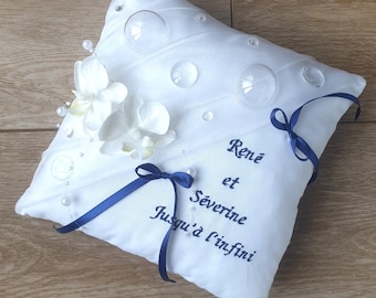 Royal blue and white wedding ring cushion, bubble theme wedding, personalized, Saperlipopette Créations