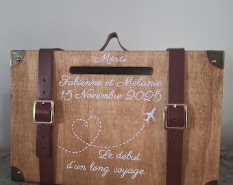 Vintage suitcase ballot box, travel theme, large personalized wooden envelope box