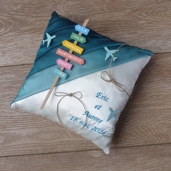 Coussin de mariage thème voyage de noce, avion, Idée décor mariage bleu canard, Personnalisé  Saperlipopette Création