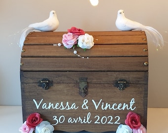 Grande Urne coffre personnalisée, mariage champêtre, décor roses et oiseaux, avec cadenas, Saperlipopette Création