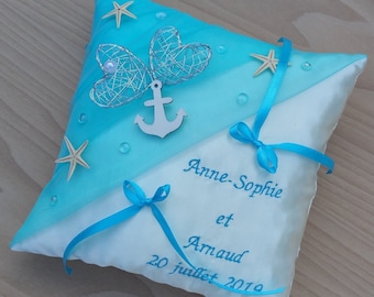 Personalized sea embroidered turquoise blue wedding alliance cushion, Saperlipopette Créations