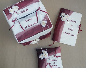 Conjunto de boda campestre burdeos, cojín de alianza, urna, libro de visitas, personalizado, Creaciones Saperlipopette