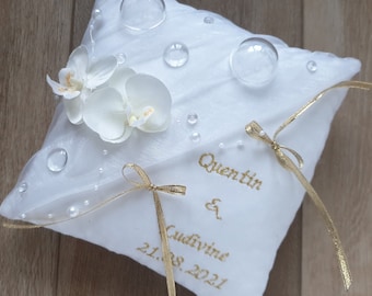 Coussin alliances bulle, mariage blanc et doré ou couleur au choix, orchidée, personnalisé, Saperlipopette Création