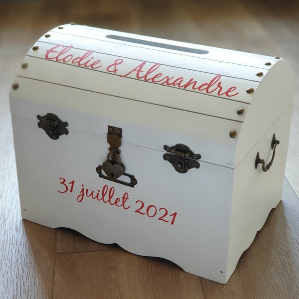 Urne coffre blanc personnalisé, avec cadenas, mariage et boite à souvenir, Saperlipopette Création