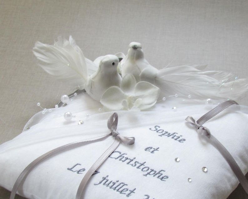 romantic cushion Whoopsidaisies creation Wedding ring bearer birds doves gray white accessory custom