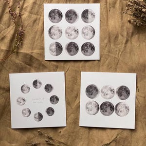 lot de 6 cartes - dessinées à la main par l'artiste - carrées - avec enveloppes - impression d'art, phases de lune