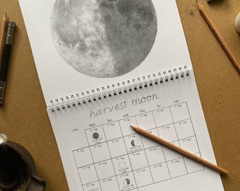 2024 Lunations Wall Calendar - hand drawn by artist - lunar calendar - US+UK versions - art print, neutral wall art, moon phases, wall decor