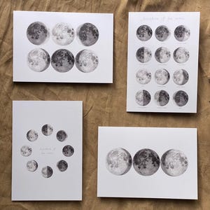 conjunto de 8 cartões - desenhados à mão pelo artista - A5 - com envelopes - impressão artística, fases da lua