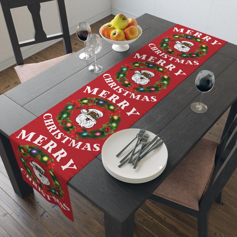 Black Santa Wreath Christmas Table Runner, Holiday Mantel Decor, Poly Blend, Festive Dining Room Accent, Black Santa Christmas Decor image 8