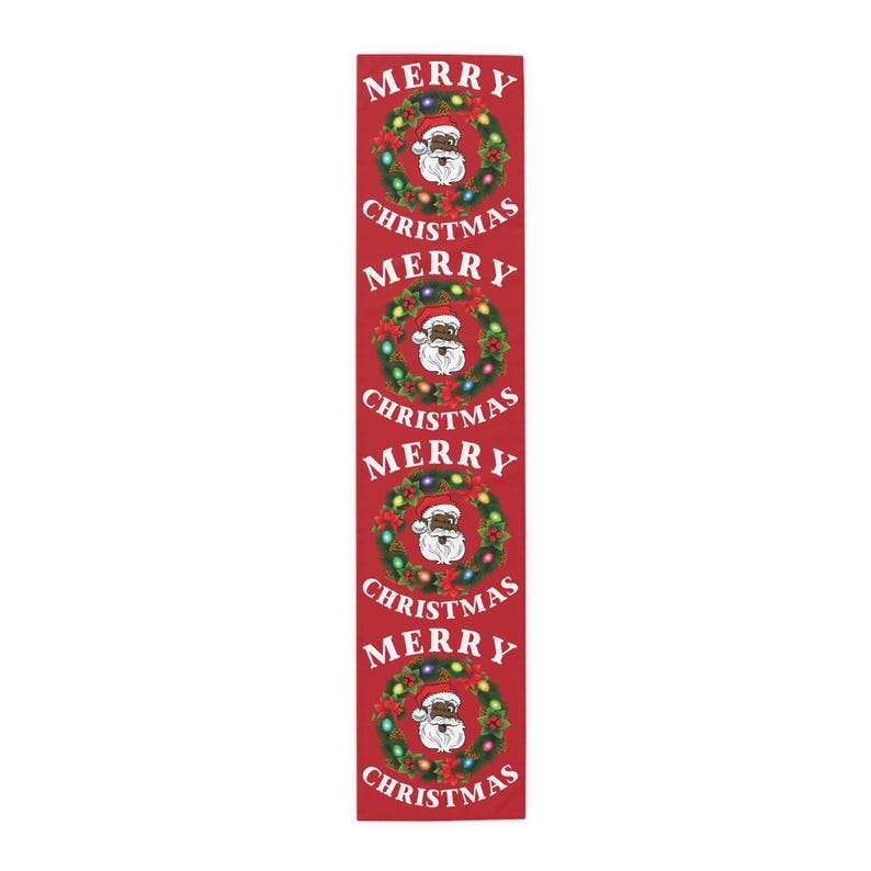 Black Santa Wreath Christmas Table Runner, Holiday Mantel Decor, Poly Blend, Festive Dining Room Accent, Black Santa Christmas Decor image 2