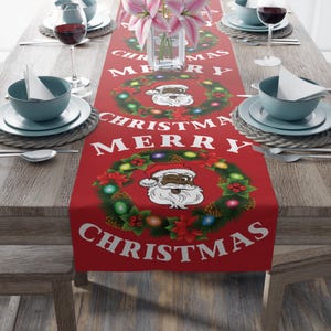 Black Santa Wreath Christmas Table Runner, Holiday Mantel Decor, Poly Blend, Festive Dining Room Accent, Black Santa Christmas Decor image 1