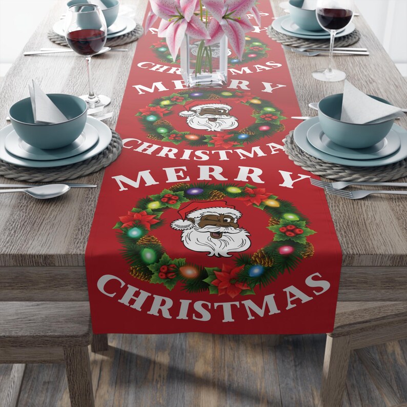 Black Santa Wreath Christmas Table Runner, Holiday Mantel Decor, Poly Blend, Festive Dining Room Accent, Black Santa Christmas Decor image 1