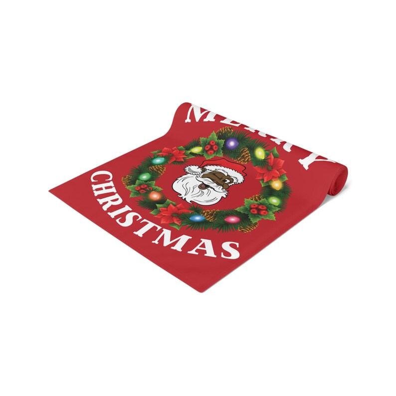 Black Santa Wreath Christmas Table Runner, Holiday Mantel Decor, Poly Blend, Festive Dining Room Accent, Black Santa Christmas Decor image 5
