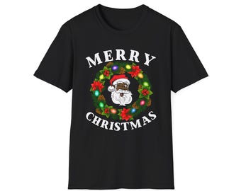 Camiseta negra de Papá Noel con texto "Feliz Navidad". Conjuntos familiares afroamericanos a juego.