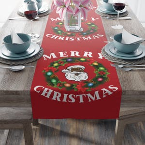 Black Santa Wreath Christmas Table Runner, Holiday Mantel Decor, Poly Blend, Festive Dining Room Accent, Black Santa Christmas Decor image 9