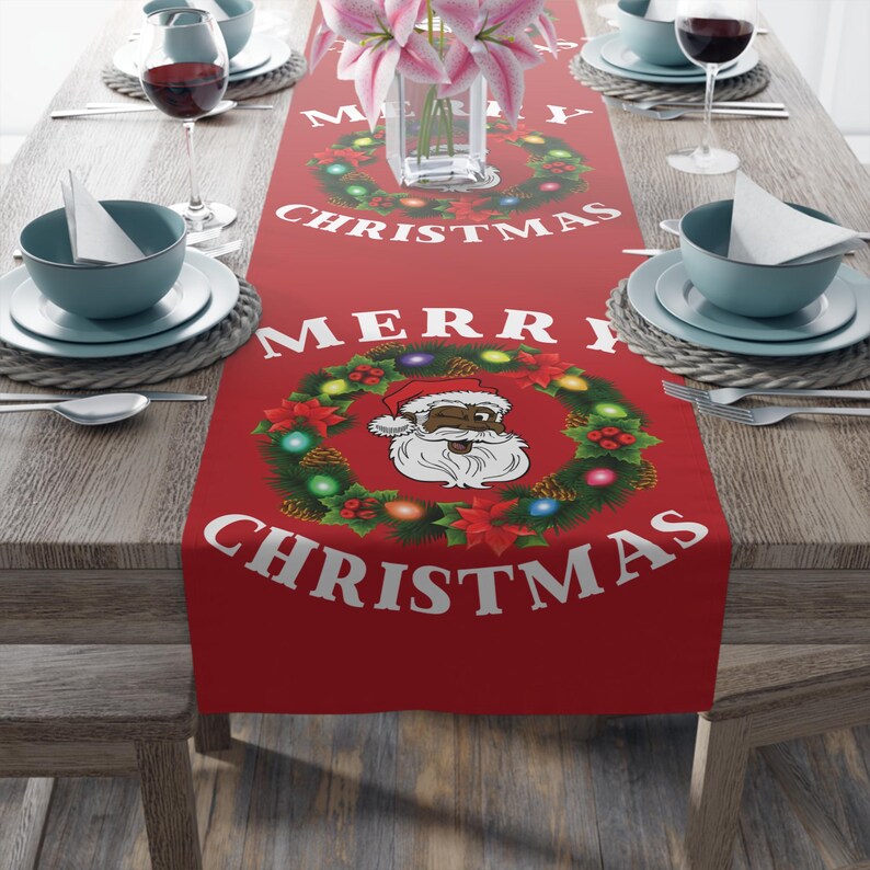 Black Santa Wreath Christmas Table Runner, Holiday Mantel Decor, Poly Blend, Festive Dining Room Accent, Black Santa Christmas Decor image 9