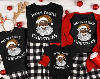 Camisetas navideñas personalizadas para familias negras: Camisetas a juego de Papá Noel con melanina