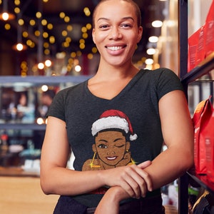 Black Mrs. Claus V-Neck T-Shirt Black Mrs. Claus With Short Hair Cut