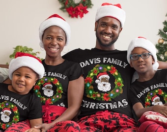 Camisetas navideñas personalizadas para la familia de Papá Noel negro Camisetas navideñas personalizadas a juego para la familia de Papá Noel afroamericano