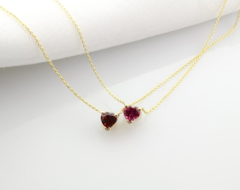 Gemstone Heart Necklace, 14K Gold Genuine Garnet & Pink Tourmaline Heart Necklace, 14K Gold Dainty Gemstone Heart Pendant Necklace