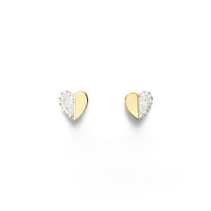 14K Yellow Gold Diamond Heart Stud Earrings: Half Pave Design