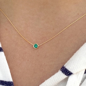 14K Gold Emerald Necklace: May Birthstone Bezel Solitaire