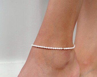 Natural Freshwater Seed Pearl Anklet, 14K Gold 3mm Pearl Anklet, Delicate Pearl Anklet, Beaded Rice Pearl Anklet, Summer Pearl Anklet