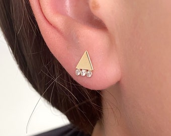 14K Gold Diamond Trio Triangle Stud Earrings, Yellow Gold Triangle Earring Studs, Minimal Studs, SAMPLE SALE