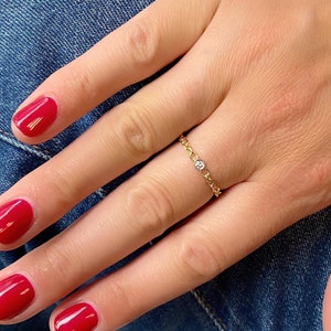 14K Gold Diamond Bezel Chain Ring, Large Link Chain Ring, Solitaire Diamond Chain Ring, Delicate Gold Stackable Chain Ring, 14K Chain Ring