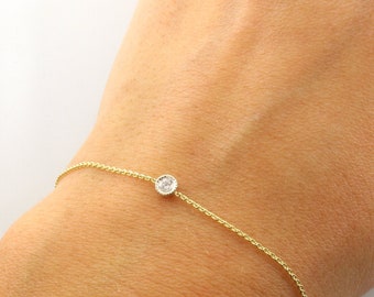 Diamond Bezel Bracelet, 14K Gold Dainty Diamond Bracelet, Classic Everyday Diamond Bezel Bracelet, Simple 14K Gold Diamond Bezel Bracelet