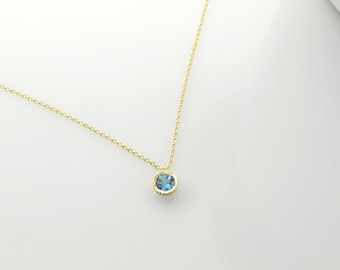 14K Gold Blue Topaz Necklace: Dainty December Birthstone Pendant