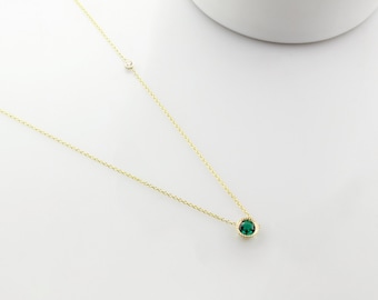 14K Gold Emerald & Diamond Bezel Necklace: May Birthstone