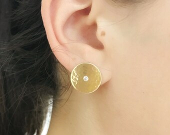 Hammered Disc Earrings, 14K Gold Hammered Diamond Disc Earrings, Burnished Diamond Disc Earrings, 14K Gold and Diamond Statement Earrings