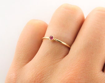 14K Gold Ruby Ring: Dainty Bezel Gemstone Stacking Ring