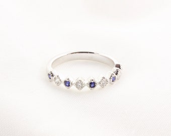 Blue Sapphire & Diamond 14K Gold Wedding Band - Half Eternity Stackable Ring