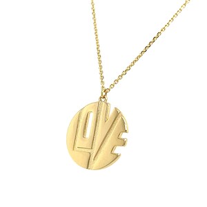 14K Yellow Gold Love Medallion Necklace, Love Disc Necklace, Love Charm Pendant Necklace, Love Jewelry, Large Gold Love Pendant Necklace