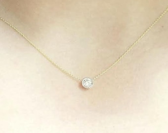 Diamond Bezel Necklace, 14K Gold Diamond Pendant Necklace, .25CTW, Genuine Diamond Necklace, Solitaire Diamond Necklace, Mother's Day Gift